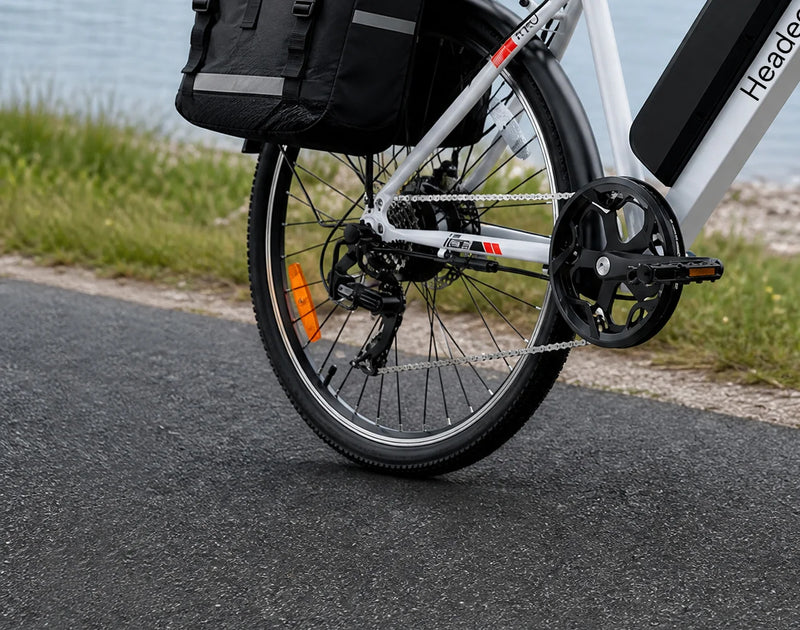 Close-up view of the Shimano 7-speed derailleur and drivetrain on an EAZION BK1350 pedal assist electric bike